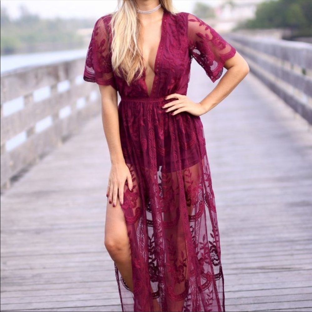 AQUA Lace Romper Overlay Dress Wine Size Small